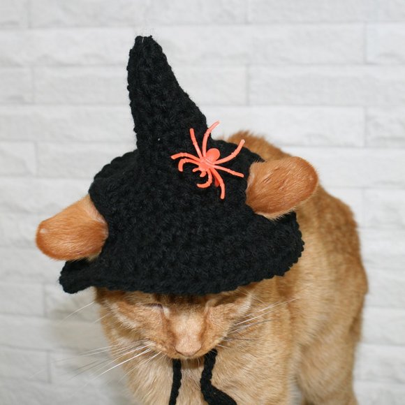 HAND CRAFTED Crochet Halloween Witch Hat Spider Cat Costume Photo Prop - Picture 6 of 14